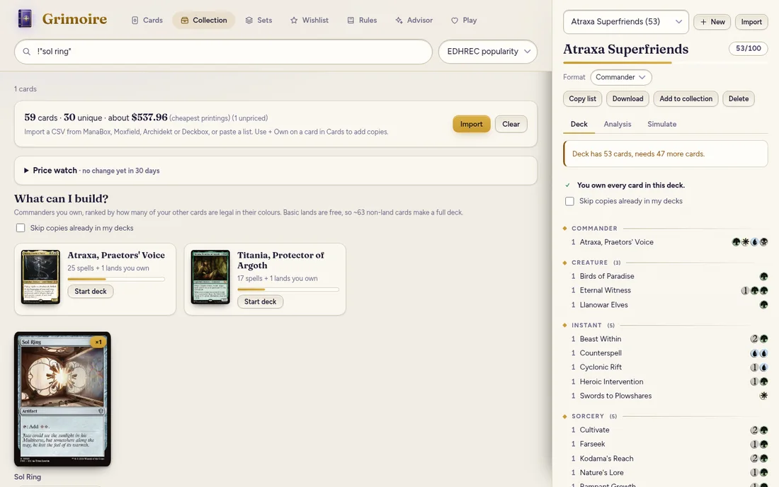 The Collection tab in the light parchment theme, with your total value and commander ideas
