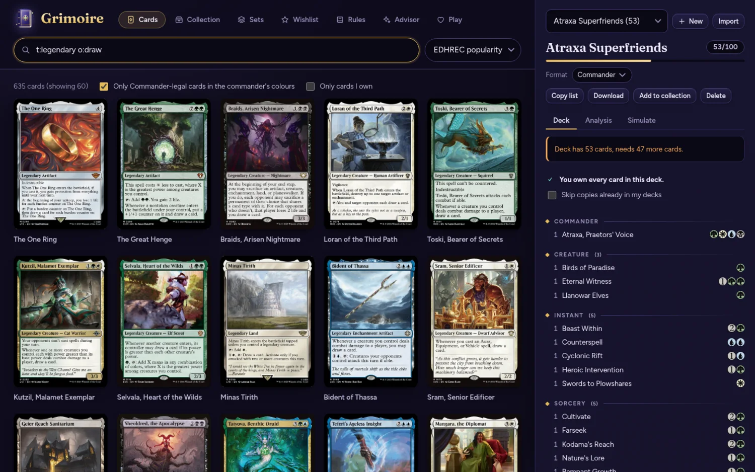 Grimoire's card search beside an open Commander deck, with mana symbols and a progress meter