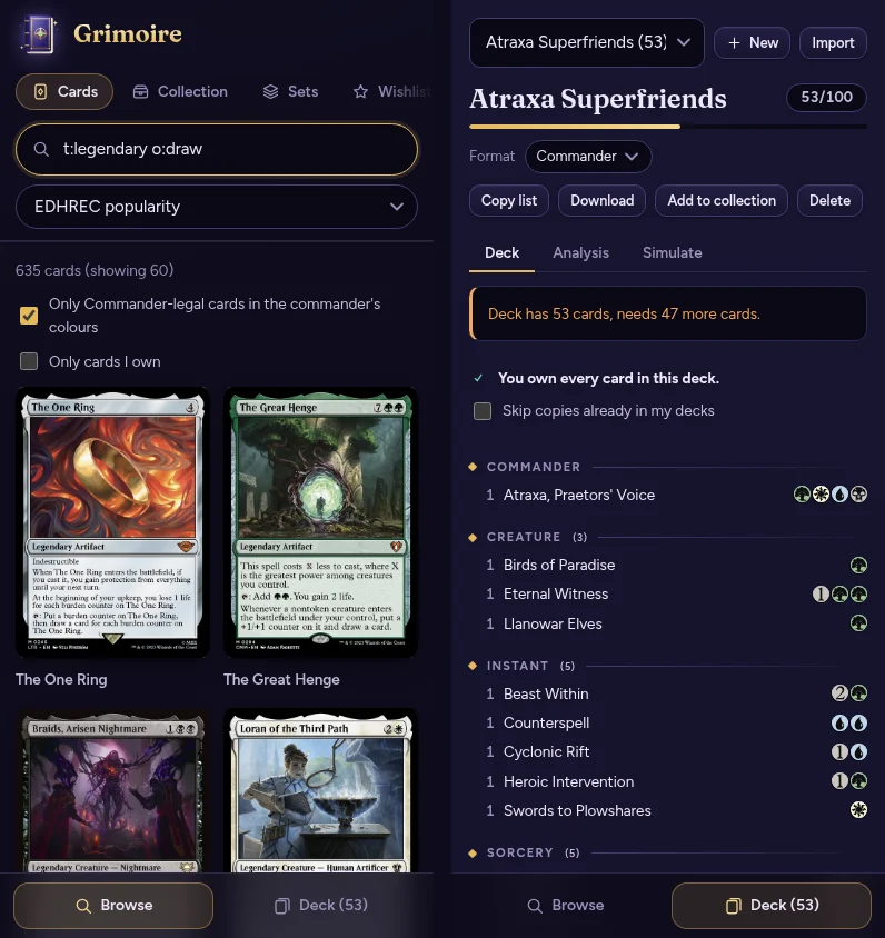 The Android app: card search and the deck, with a bottom bar to switch between them