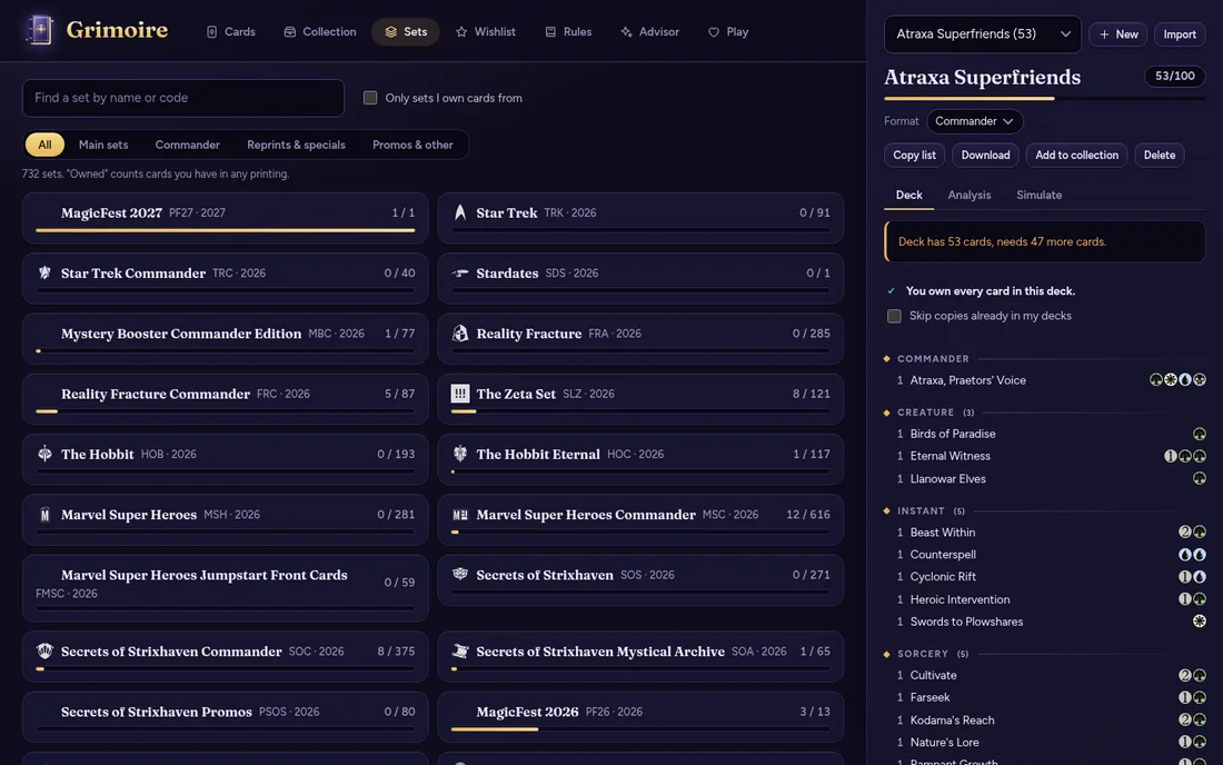 The Sets tab: every set with how much of it you own