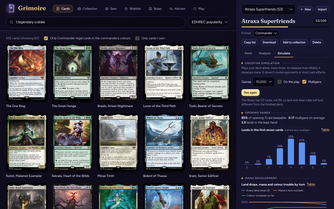 The Simulate tab: opening-hand land chart and mana development lines